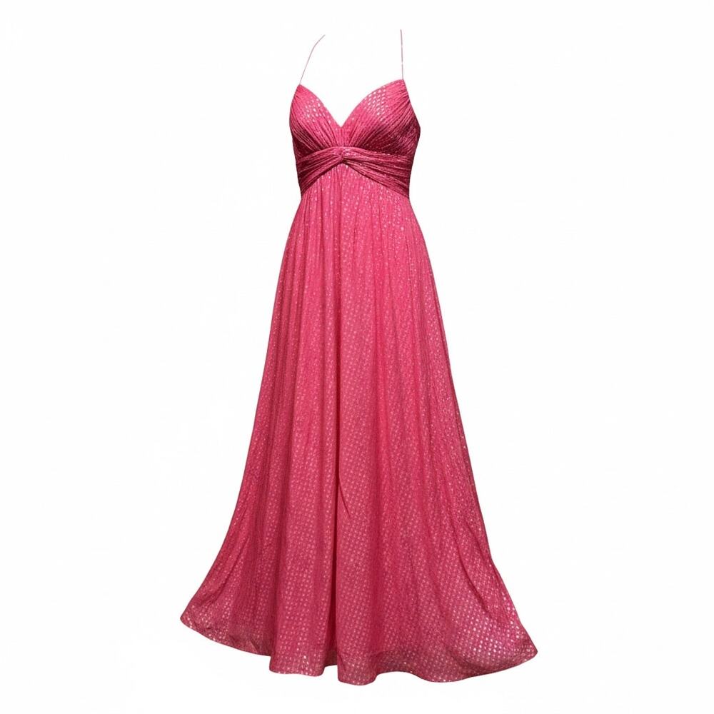 AGUA Dress Silk Metallic Red Maxi Evening Gown Ruched V Neck Size 10